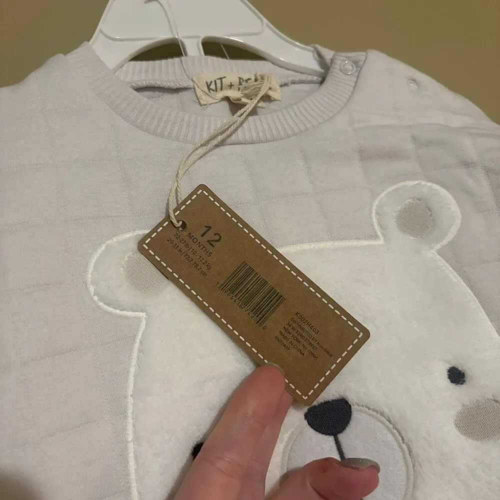 Kit + Pearl Unisex Baby Girl Boy Grey Quilted Polar Bear Top Pant Set NWT 12M